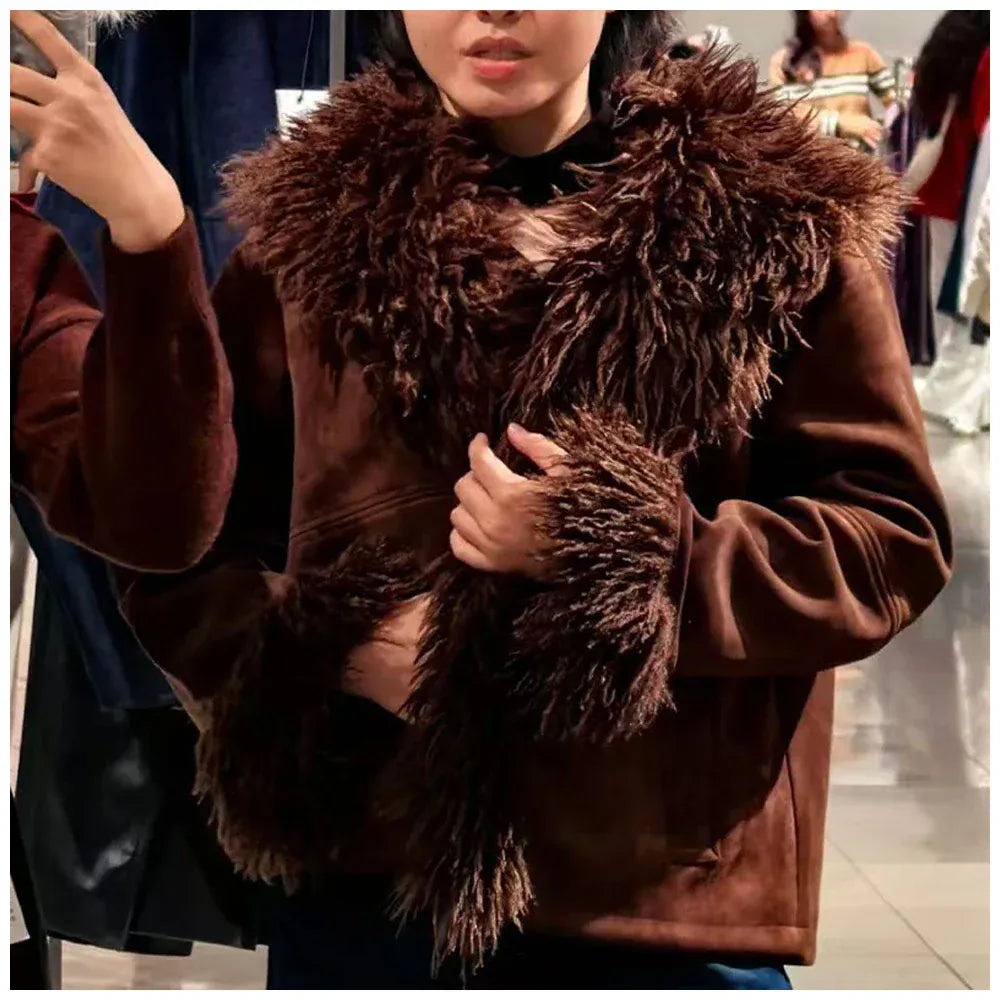 RECJI Womens Jacket Coat Faux Fur Effect Long Sleeve Fur Collar Short Jacket Fashionable And Versatile Winter Essential Item RECJI Womens Jacket Coat Faux Fur Effect Long Sleeve Fur Collar Short Jacket Fashionable And Versatile Winter Essential Item