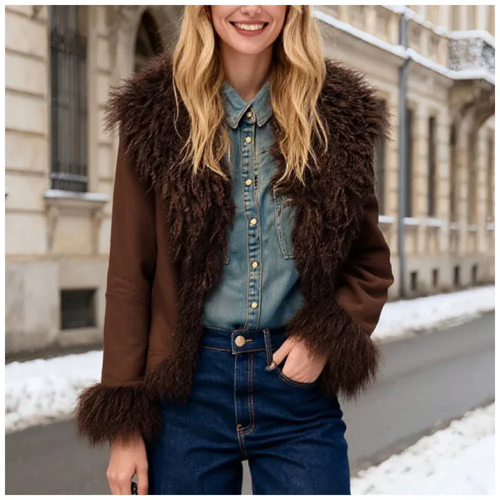 RECJI Womens Jacket Coat Faux Fur Effect Long Sleeve Fur Collar Short Jacket Fashionable And Versatile Winter Essential Item RECJI Womens Jacket Coat Faux Fur Effect Long Sleeve Fur Collar Short Jacket Fashionable And Versatile Winter Essential Item