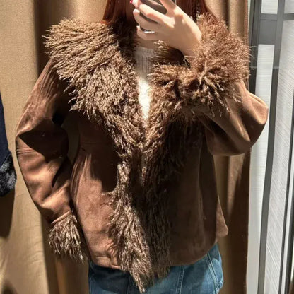 RECJI Womens Jacket Coat Faux Fur Effect Long Sleeve Fur Collar Short Jacket Fashionable And Versatile Winter Essential Item RECJI Womens Jacket Coat Faux Fur Effect Long Sleeve Fur Collar Short Jacket Fashionable And Versatile Winter Essential Item