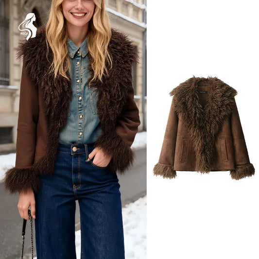 RECJI Womens Jacket Coat Faux Fur Effect Long Sleeve Fur Collar Short Jacket Fashionable And Versatile Winter Essential Item RECJI Womens Jacket Coat Faux Fur Effect Long Sleeve Fur Collar Short Jacket Fashionable And Versatile Winter Essential Item