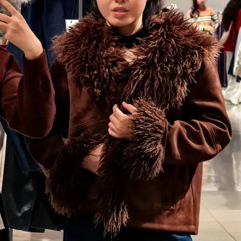 RECJI Womens Jacket Coat Faux Fur Effect Long Sleeve Fur Collar Short Jacket Fashionable And Versatile Winter Essential Item RECJI Womens Jacket Coat Faux Fur Effect Long Sleeve Fur Collar Short Jacket Fashionable And Versatile Winter Essential Item