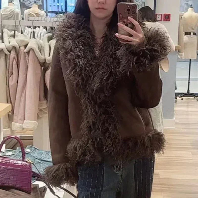 RECJI Womens Jacket Coat Faux Fur Effect Long Sleeve Fur Collar Short Jacket Fashionable And Versatile Winter Essential Item RECJI Womens Jacket Coat Faux Fur Effect Long Sleeve Fur Collar Short Jacket Fashionable And Versatile Winter Essential Item