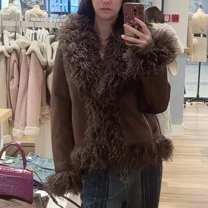 RECJI Womens Jacket Coat Faux Fur Effect Long Sleeve Fur Collar Short Jacket Fashionable And Versatile Winter Essential Item RECJI Womens Jacket Coat Faux Fur Effect Long Sleeve Fur Collar Short Jacket Fashionable And Versatile Winter Essential Item