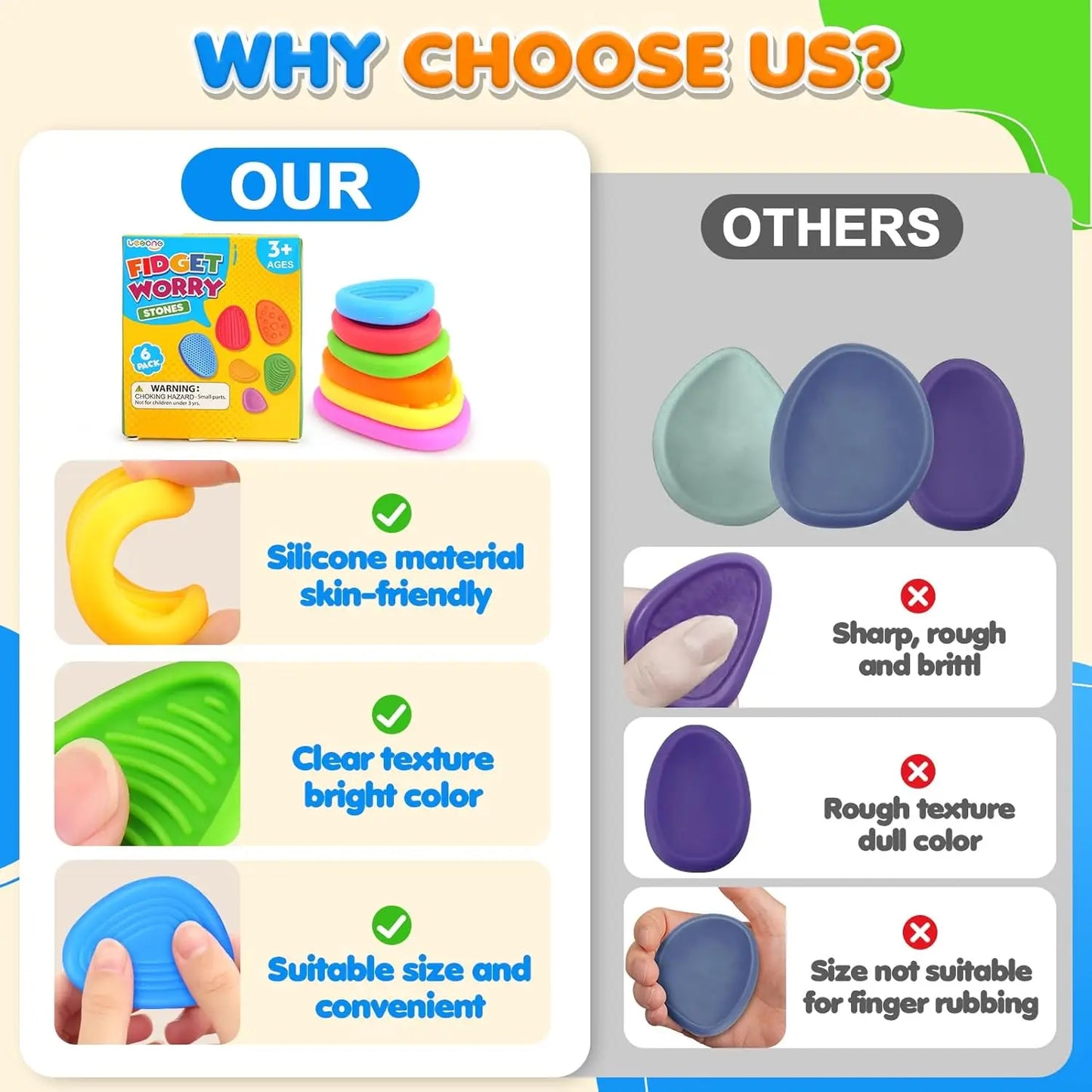 Sensory Worry Stones - 6 Pack Fidget Toys for Anxiety, Autism & ADHD Sensory Worry Stones - 6 Pack Fidget Toys for Anxiety, Autism & ADHD Relief