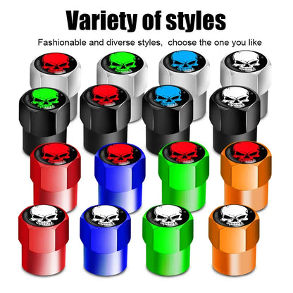 Skull Tire Valve Stem Caps 4-Pack – Aluminum Alloy Universal Fit for Car & Motorcycle | Wahooly Skull Tire Valve Stem Caps – 4-Pack Aluminum Alloy, Corrosion-Resistant, Universal Fit (16 Colors)