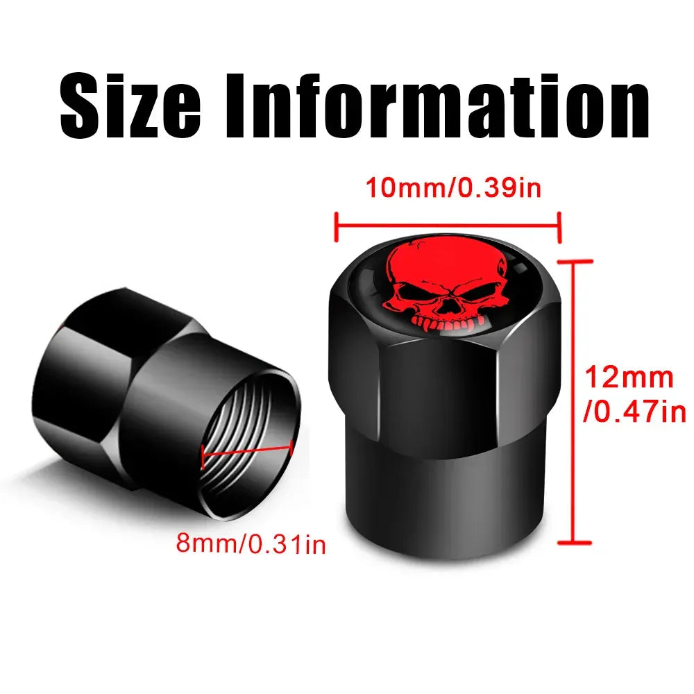 Skull Tire Valve Stem Caps 4-Pack – Aluminum Alloy Universal Fit for Car & Motorcycle | Wahooly Skull Tire Valve Stem Caps – 4-Pack Aluminum Alloy, Corrosion-Resistant, Universal Fit (16 Colors)