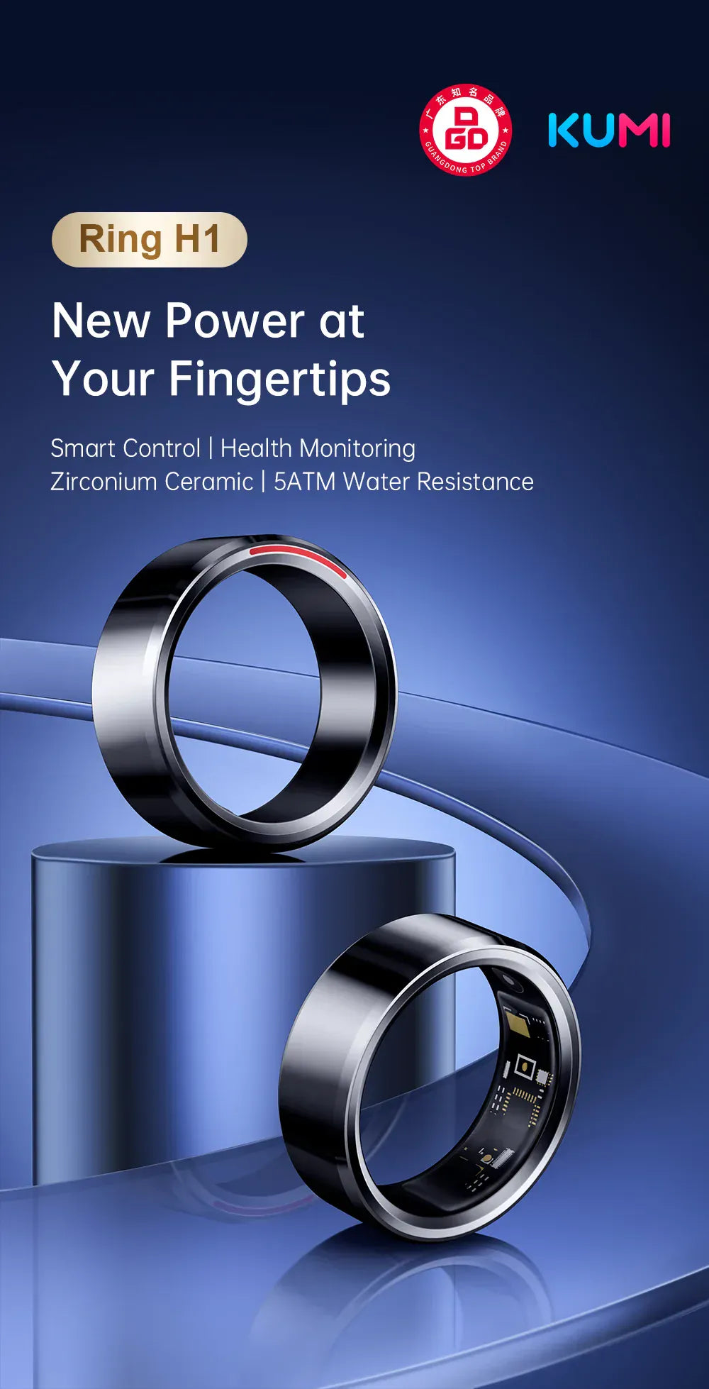 KUMI H1 Smart Ring - 5ATM Waterproof Health Tracker | Wahooly Smart Ring H1 Durable 5ATM Waterproof, Remote Control Functionality, and Sleek Ceramic Design