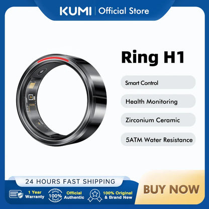 KUMI H1 Smart Ring - 5ATM Waterproof Health Tracker | Wahooly Smart Ring H1 Durable 5ATM Waterproof, Remote Control Functionality, and Sleek Ceramic Design
