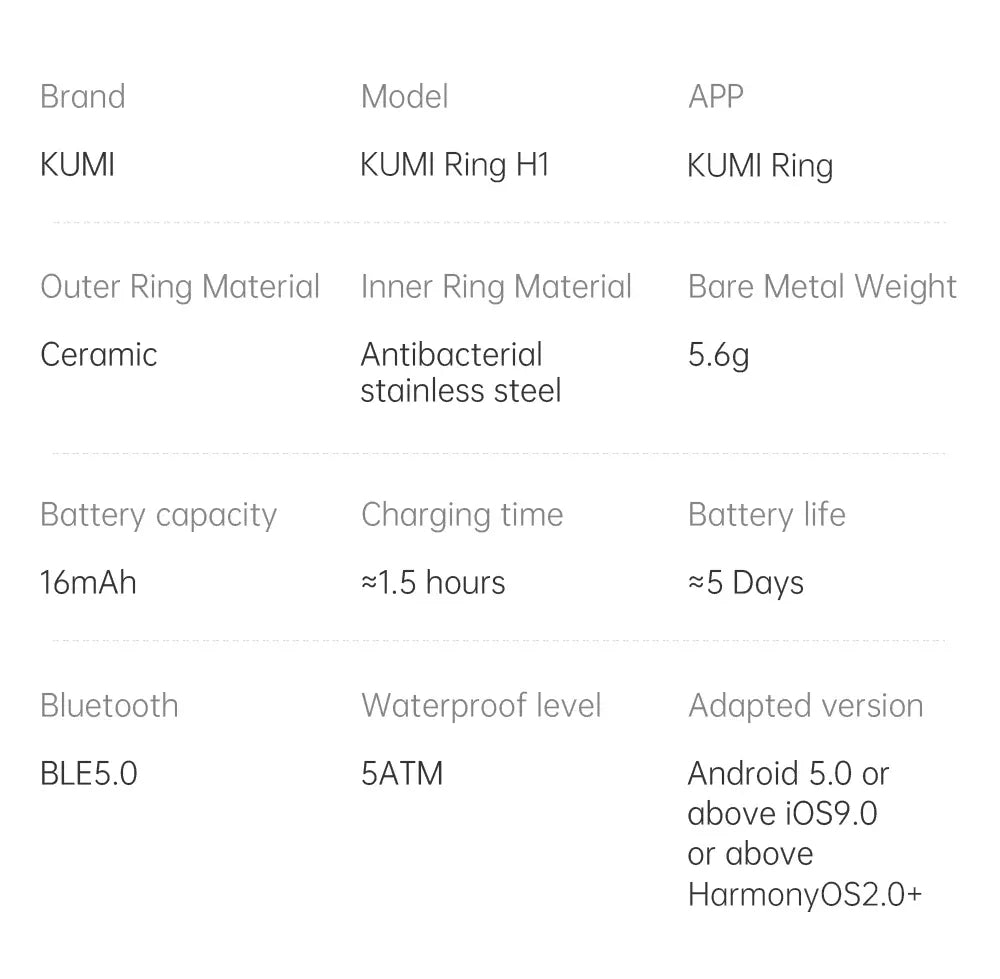 KUMI H1 Smart Ring - 5ATM Waterproof Health Tracker | Wahooly Smart Ring H1 Durable 5ATM Waterproof, Remote Control Functionality, and Sleek Ceramic Design