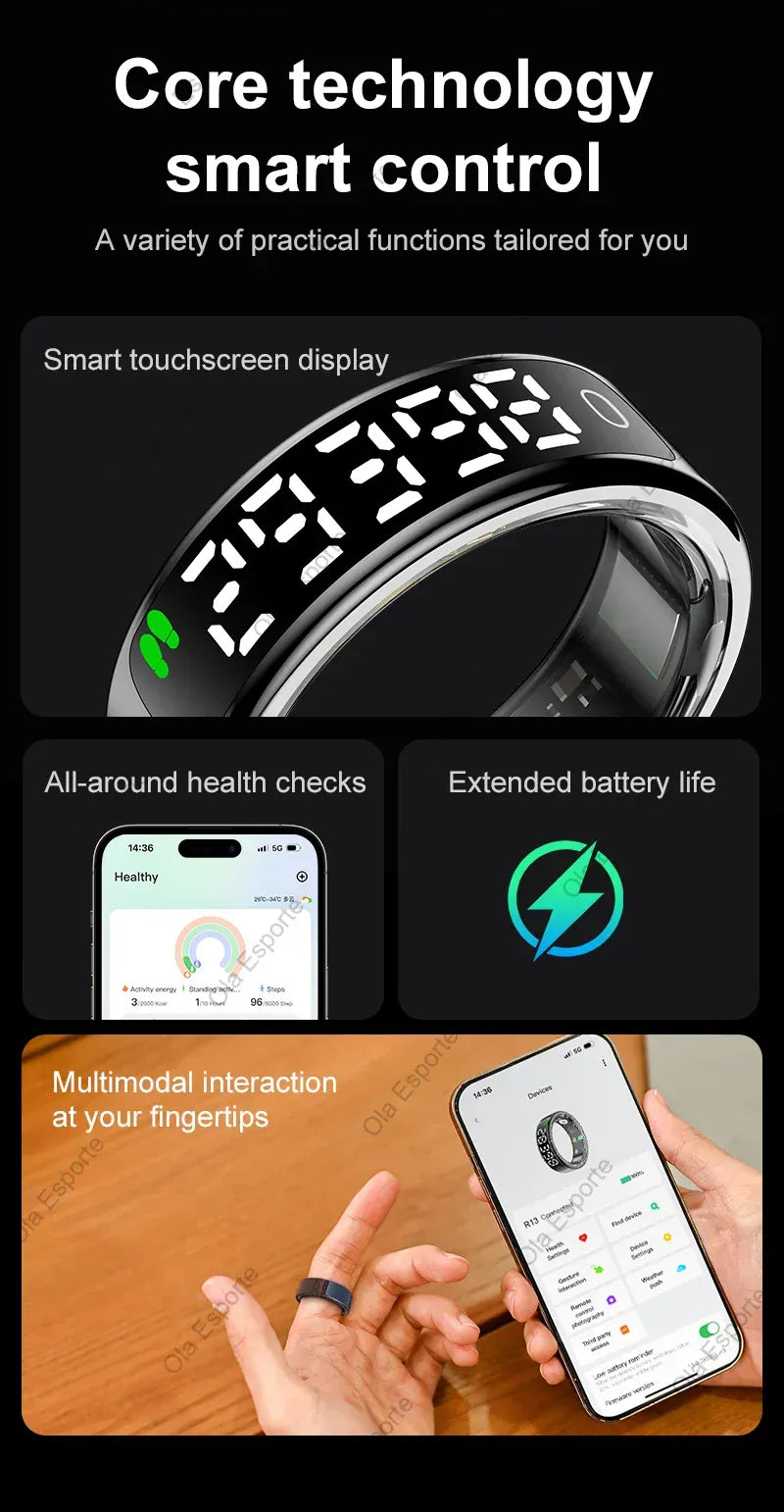 Smart Ring Health Tracker - Heart Rate, Sleep & Fitness Monitor Smart Ring with Charging Case for Men Women, Display Screen, Health Monitor, 5ATM Waterproof,Multiple Sport Mode For Android IOS
