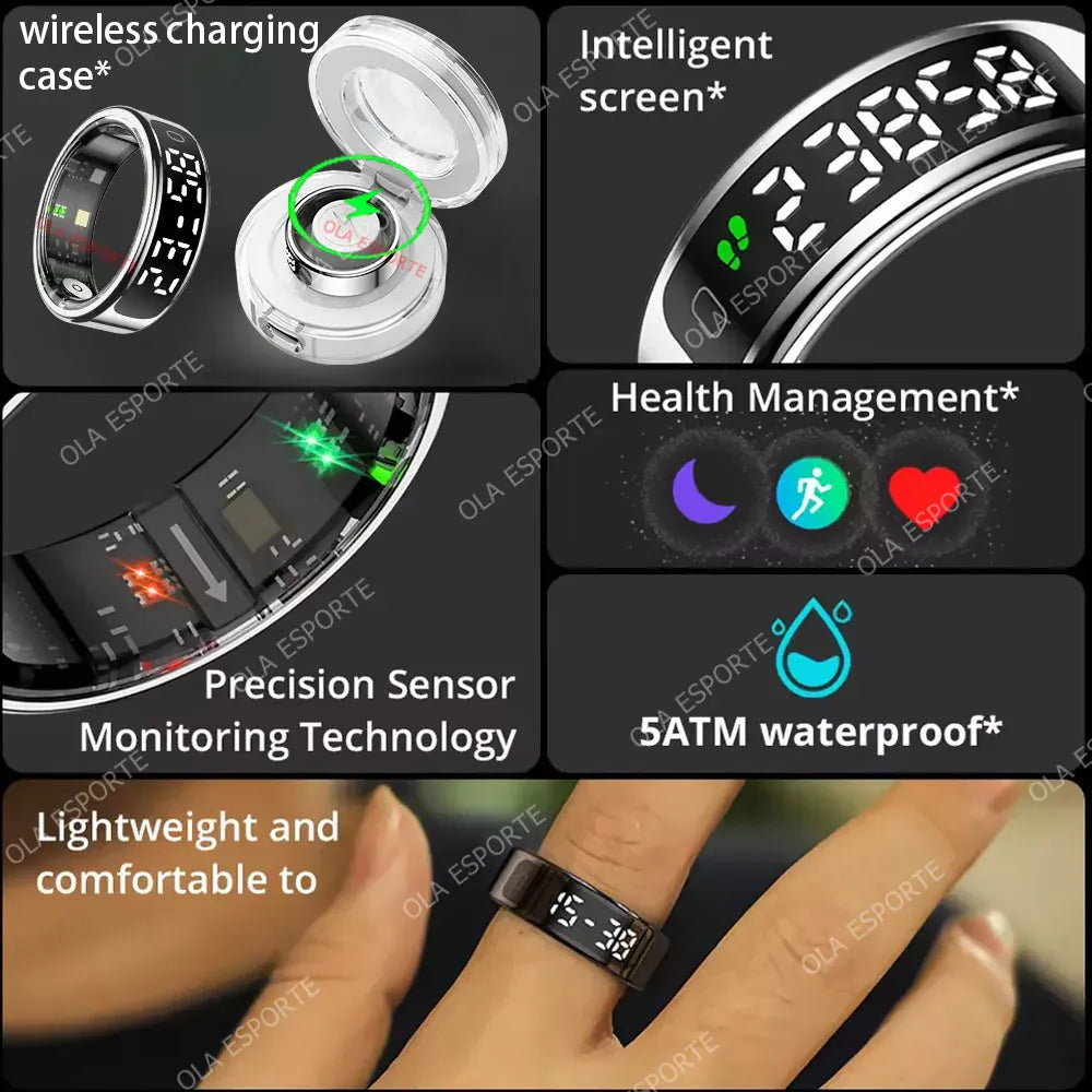 Smart Ring Health Tracker - Heart Rate, Sleep & Fitness Monitor Smart Ring with Charging Case for Men Women, Display Screen, Health Monitor, 5ATM Waterproof,Multiple Sport Mode For Android IOS