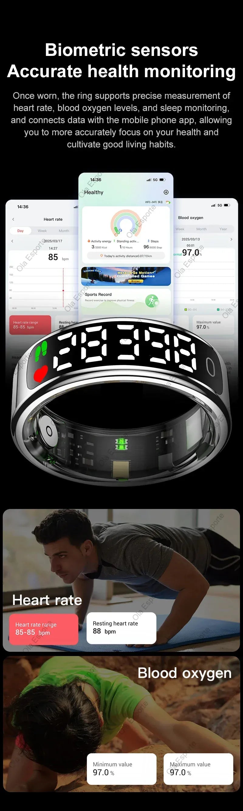 Smart Ring Health Tracker - Heart Rate, Sleep & Fitness Monitor Smart Ring with Charging Case for Men Women, Display Screen, Health Monitor, 5ATM Waterproof,Multiple Sport Mode For Android IOS