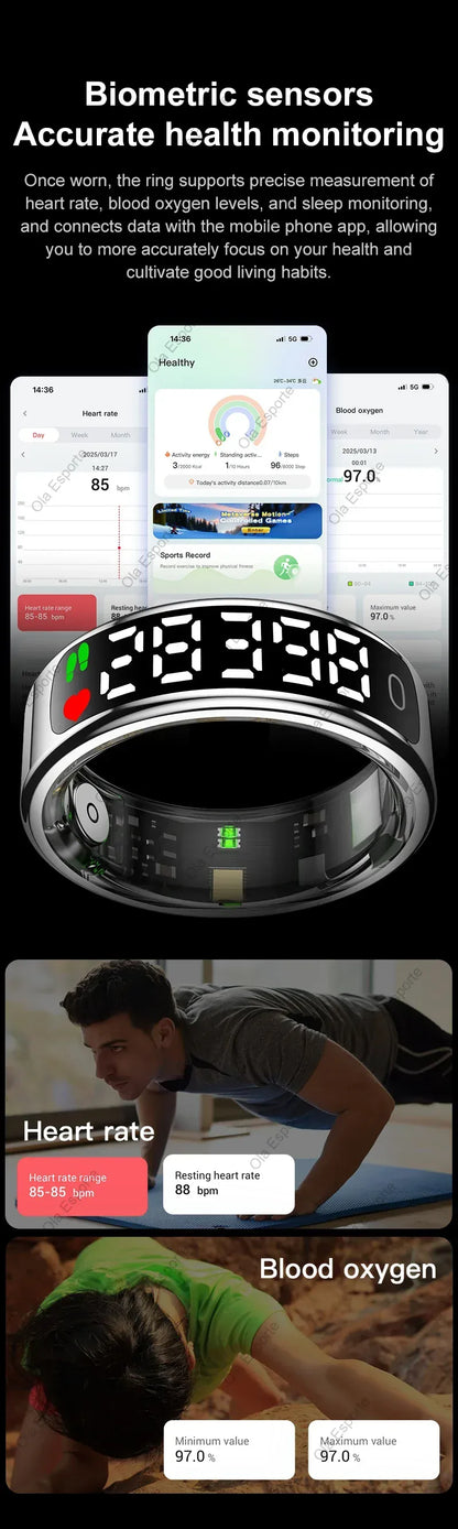 Smart Ring Health Tracker - Heart Rate, Sleep & Fitness Monitor Smart Ring with Charging Case for Men Women, Display Screen, Health Monitor, 5ATM Waterproof,Multiple Sport Mode For Android IOS