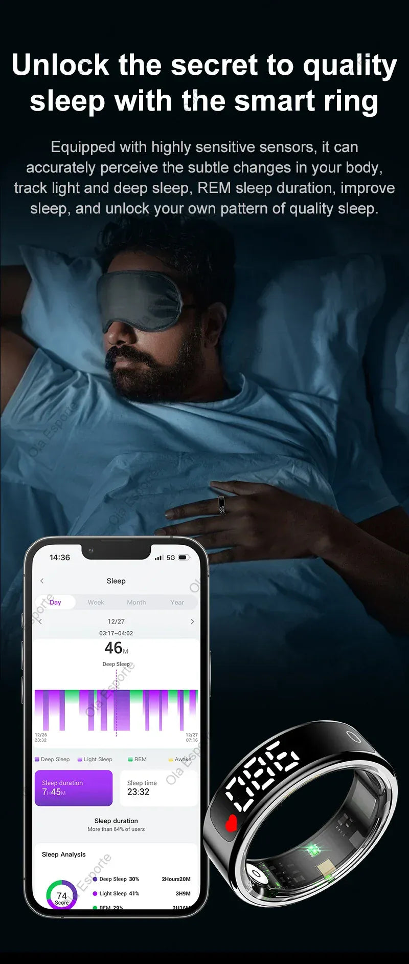 Smart Ring Health Tracker - Heart Rate, Sleep & Fitness Monitor Smart Ring with Charging Case for Men Women, Display Screen, Health Monitor, 5ATM Waterproof,Multiple Sport Mode For Android IOS