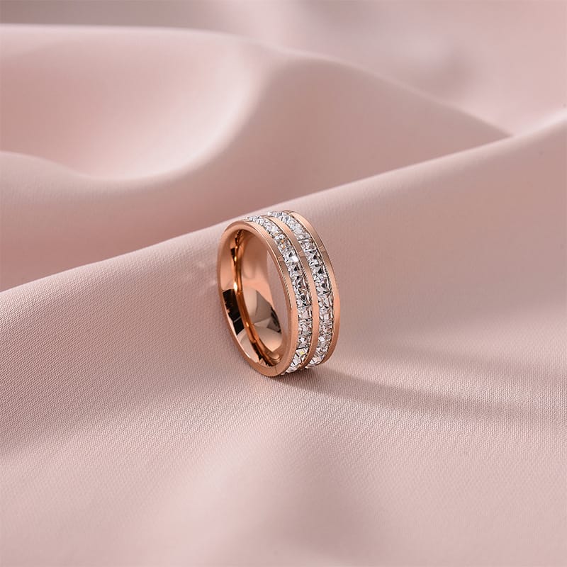 Zirconia Couple Ring – Titanium Steel 18K Rose Gold | Sparkling Diamond Ring for Women Sparkling Zirconia Couple Ring – Titanium Steel, 18K Rose Gold Finish