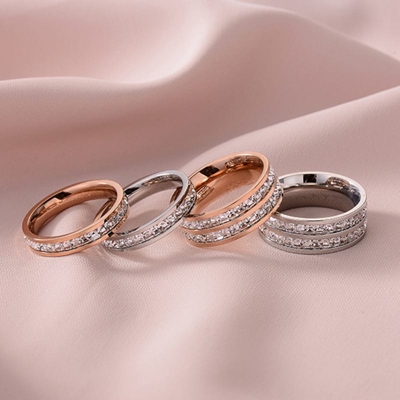 Zirconia Couple Ring – Titanium Steel 18K Rose Gold | Sparkling Diamond Ring for Women Sparkling Zirconia Couple Ring – Titanium Steel, 18K Rose Gold Finish