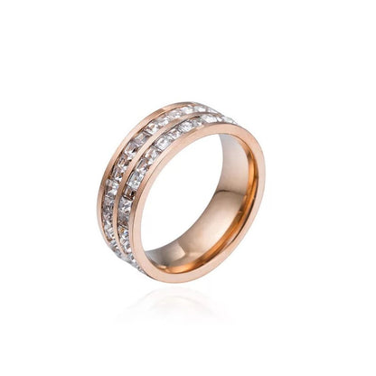 Zirconia Couple Ring – Titanium Steel 18K Rose Gold | Sparkling Diamond Ring for Women Sparkling Zirconia Couple Ring – Titanium Steel, 18K Rose Gold Finish
