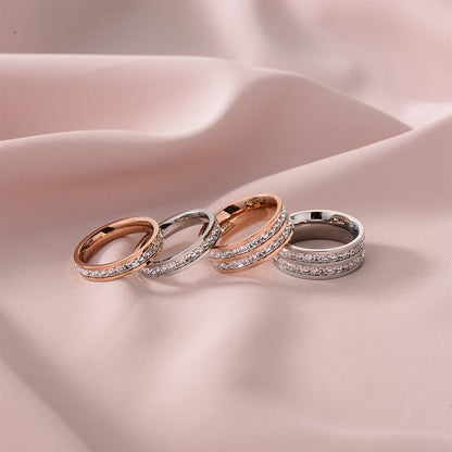 Zirconia Couple Ring – Titanium Steel 18K Rose Gold | Sparkling Diamond Ring for Women Sparkling Zirconia Couple Ring – Titanium Steel, 18K Rose Gold Finish