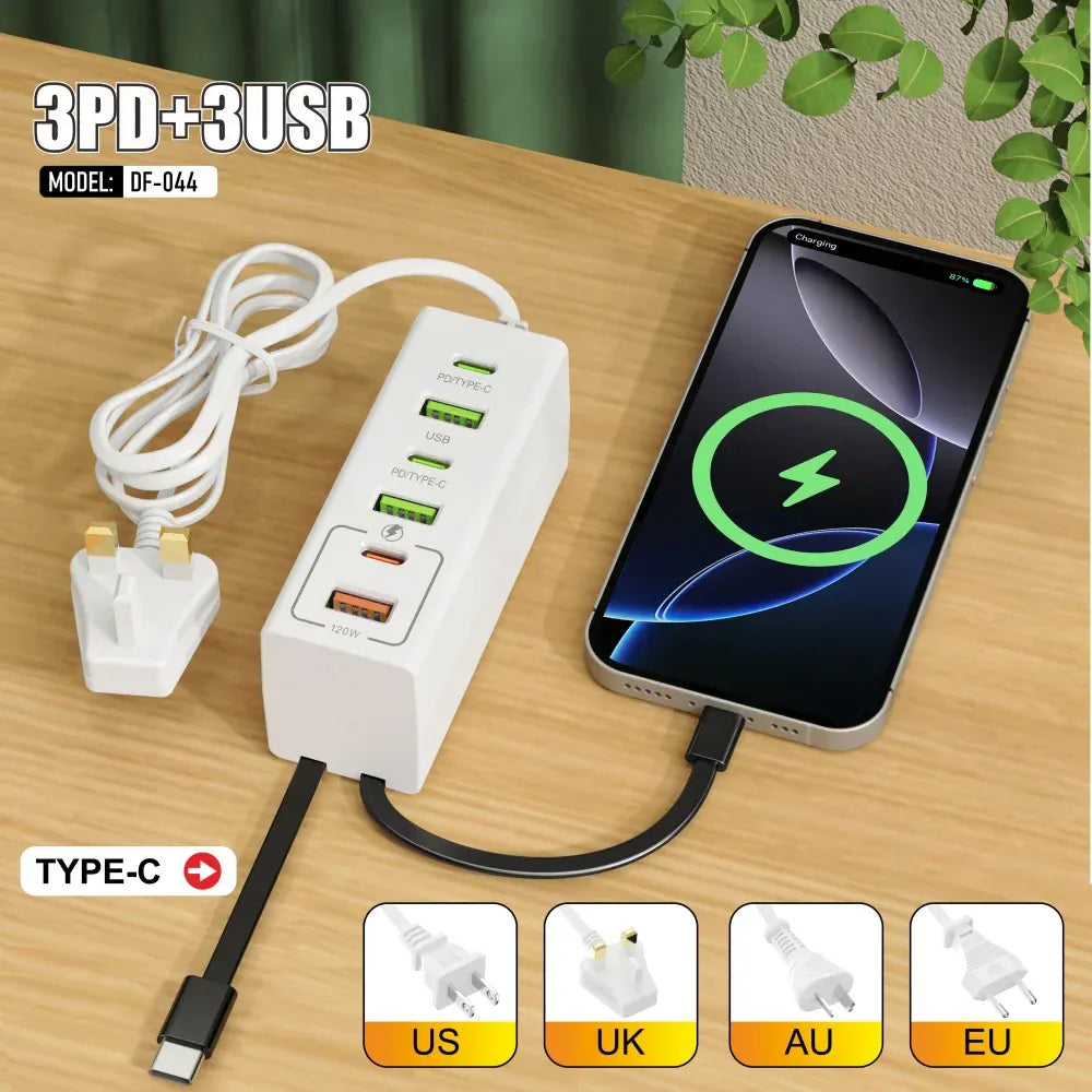 Total 120W USB Power Strip Type C Mobile Phone Charger Fast Charging Electrical Socket Power Strip EU US UK Plug Wall Adapters Total 120W USB Power Strip Type C Mobile Phone Charger Fast Charging Electrical Socket Power Strip EU US UK Plug Wall Adapters