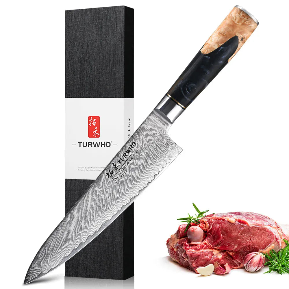 TURWHO 8 Inch Chef Knife Gyuto Knife Japanese Style VG10 Core Damascus Kitchen Knives Stainless Steel Butcher Knife Resin Handle TURWHO 8 Inch Chef Knife Gyuto Knife Japanese Style VG10 Core Damascus Kitchen Knives Stainless Steel Butcher Knife Resin Handle