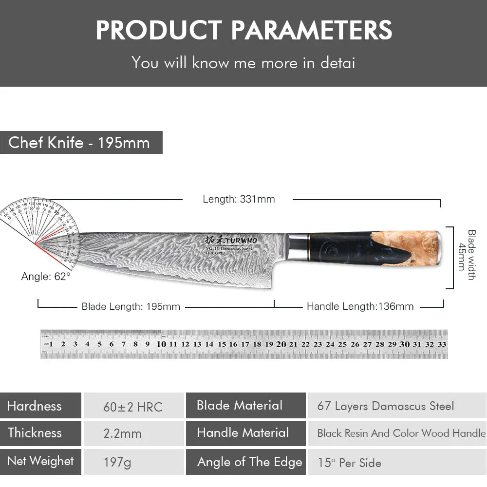 TURWHO 8 Inch Chef Knife Gyuto Knife Japanese Style VG10 Core Damascus Kitchen Knives Stainless Steel Butcher Knife Resin Handle TURWHO 8 Inch Chef Knife Gyuto Knife Japanese Style VG10 Core Damascus Kitchen Knives Stainless Steel Butcher Knife Resin Handle