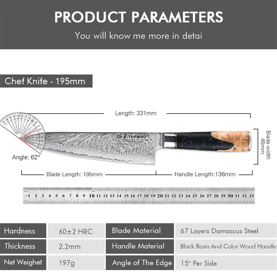 TURWHO 8 Inch Chef Knife Gyuto Knife Japanese Style VG10 Core Damascus Kitchen Knives Stainless Steel Butcher Knife Resin Handle TURWHO 8 Inch Chef Knife Gyuto Knife Japanese Style VG10 Core Damascus Kitchen Knives Stainless Steel Butcher Knife Resin Handle