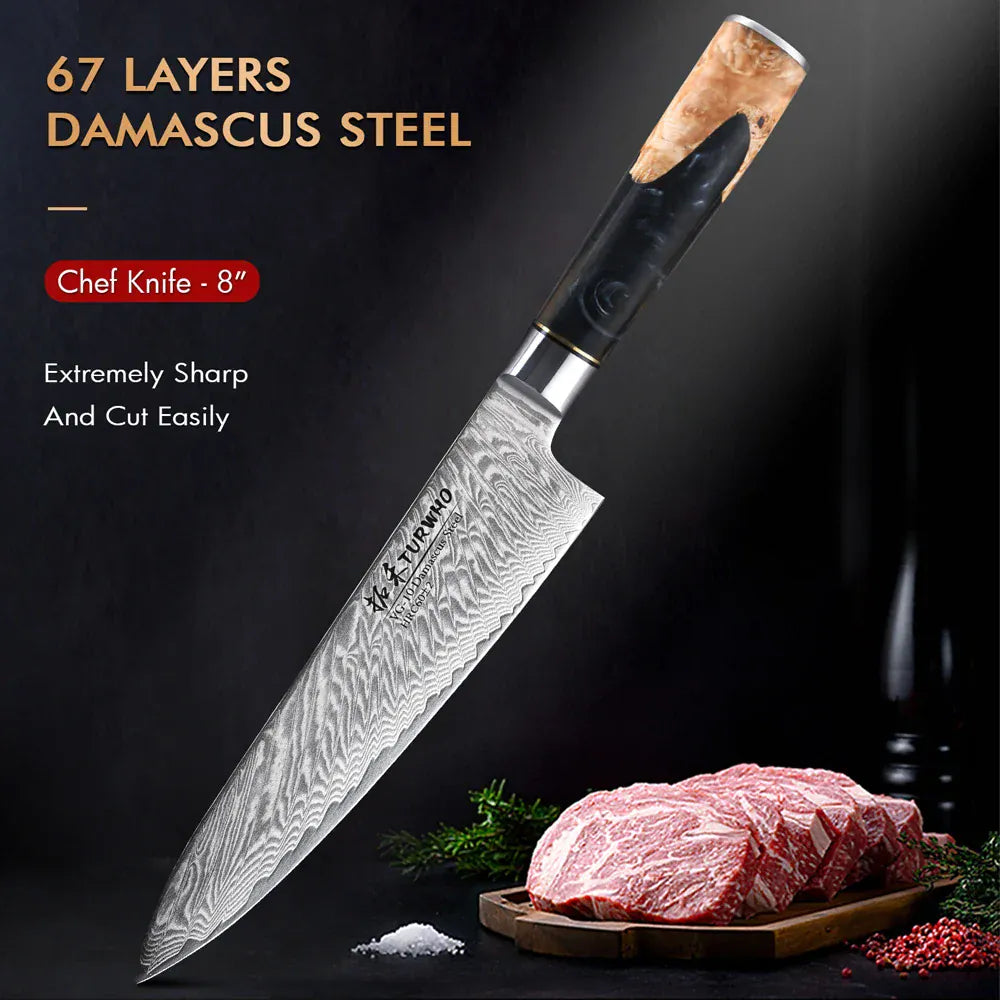 TURWHO 8 Inch Chef Knife Gyuto Knife Japanese Style VG10 Core Damascus Kitchen Knives Stainless Steel Butcher Knife Resin Handle TURWHO 8 Inch Chef Knife Gyuto Knife Japanese Style VG10 Core Damascus Kitchen Knives Stainless Steel Butcher Knife Resin Handle