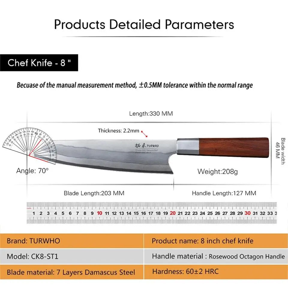 TURWHO 8 Inch Japanese Chef Knife 7-Layer 440C Damascus Steel Kitchen Knives Hand Forged Kiritsuke Knives Octagonal Handle TURWHO 8 Inch Japanese Chef Knife 7-Layer 440C Damascus Steel Kitchen Knives Hand Forged Kiritsuke Knives Octagonal Handle