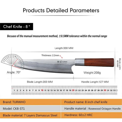 TURWHO 8 Inch Japanese Chef Knife 7-Layer 440C Damascus Steel Kitchen Knives Hand Forged Kiritsuke Knives Octagonal Handle TURWHO 8 Inch Japanese Chef Knife 7-Layer 440C Damascus Steel Kitchen Knives Hand Forged Kiritsuke Knives Octagonal Handle