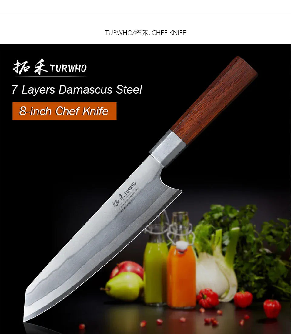 TURWHO 8 Inch Japanese Chef Knife 7-Layer 440C Damascus Steel Kitchen Knives Hand Forged Kiritsuke Knives Octagonal Handle TURWHO 8 Inch Japanese Chef Knife 7-Layer 440C Damascus Steel Kitchen Knives Hand Forged Kiritsuke Knives Octagonal Handle