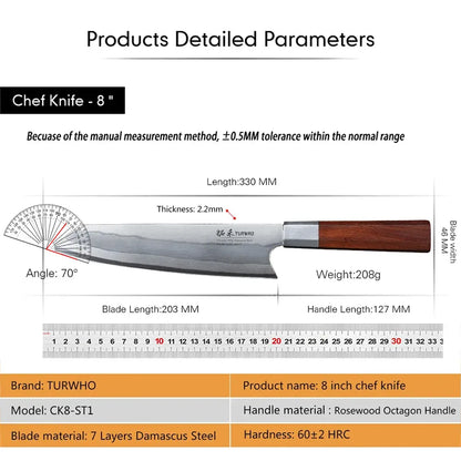 TURWHO 8 Inch Japanese Chef Knife 7-Layer 440C Damascus Steel Kitchen Knives Hand Forged Kiritsuke Knives Octagonal Handle TURWHO 8 Inch Japanese Chef Knife 7-Layer 440C Damascus Steel Kitchen Knives Hand Forged Kiritsuke Knives Octagonal Handle