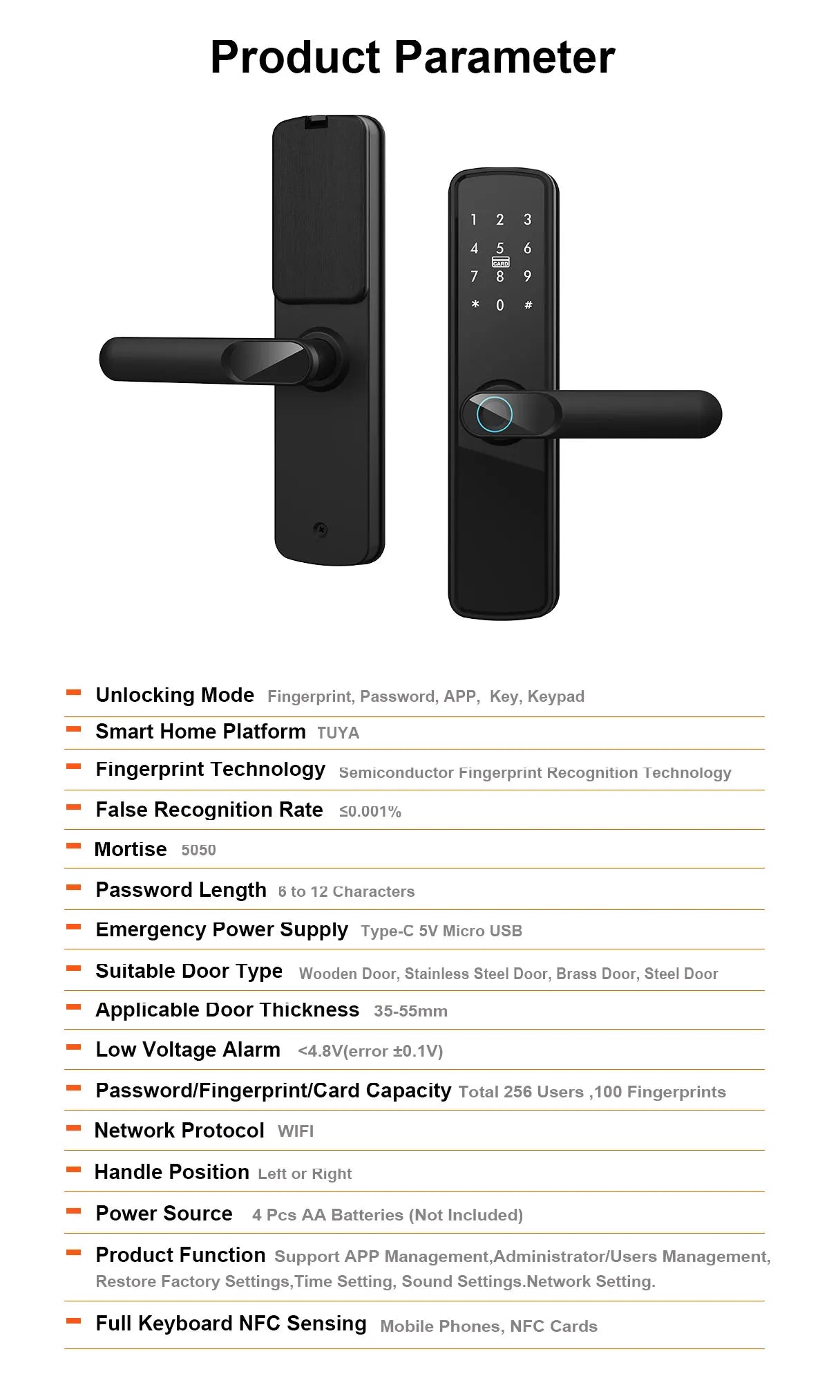 TUYA Fingerprint Door Lock WIFI Keyless Smart  Electronic Lock NFC Keypad APP Password KEY Reversible Handle For Home office TUYA Fingerprint Door Lock WIFI Keyless Smart  Electronic Lock NFC Keypad APP Password KEY Reversible Handle For Home office