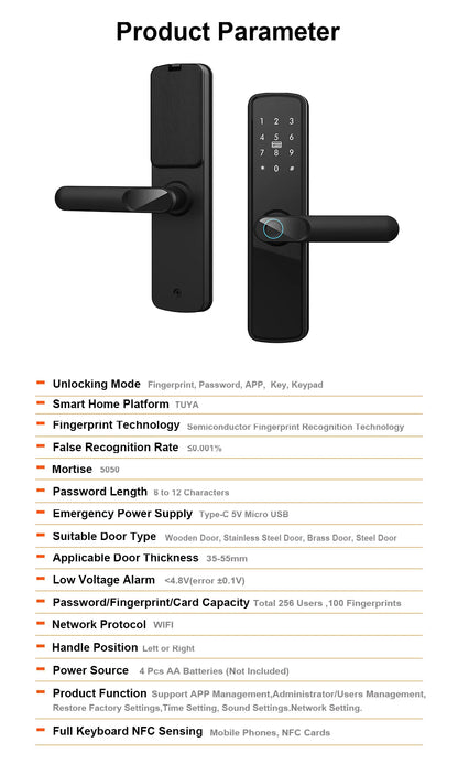 TUYA Fingerprint Door Lock WIFI Keyless Smart  Electronic Lock NFC Keypad APP Password KEY Reversible Handle For Home office TUYA Fingerprint Door Lock WIFI Keyless Smart  Electronic Lock NFC Keypad APP Password KEY Reversible Handle For Home office