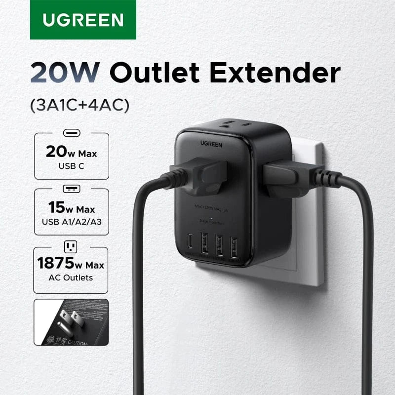 UGREEN Outlet Extender 20W Power Strip 4 AC Outlets 3 USB-A 1 USB-C Wall Charger for Home Office Travel 1875W 15A 125V UGREEN Outlet Extender 20W Power Strip 4 AC Outlets 3 USB-A 1 USB-C Wall Charger for Home Office Travel 1875W 15A 125V