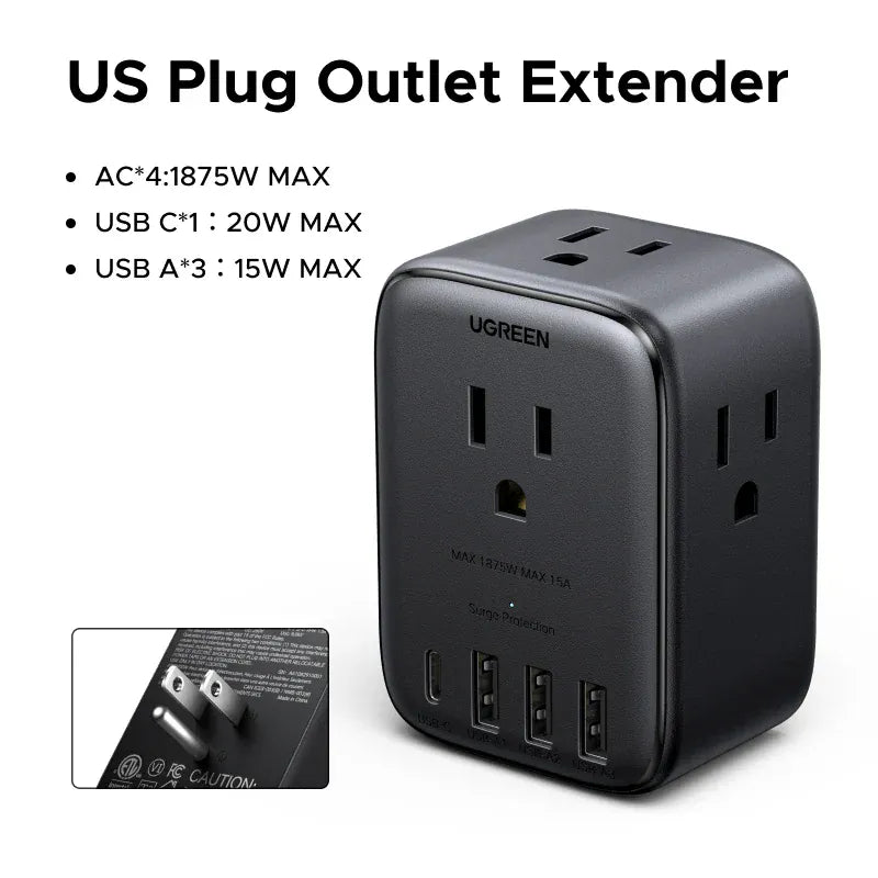 UGREEN Outlet Extender 20W Power Strip 4 AC Outlets 3 USB-A 1 USB-C Wall Charger for Home Office Travel 1875W 15A 125V UGREEN Outlet Extender 20W Power Strip 4 AC Outlets 3 USB-A 1 USB-C Wall Charger for Home Office Travel 1875W 15A 125V