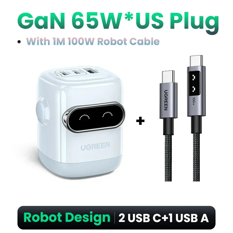 【US Plug】UGREEN 65W 30W GaN Charger Robot Design QC4.0 3.0 PPS for iPhone 17 16 15 Pro Macbook Laptops Tablet PD3.0 Fast Charg 【US Plug】UGREEN 65W 30W GaN Charger Robot Design QC4.0 3.0 PPS for iPhone 17 16 15 Pro Macbook Laptops Tablet PD3.0 Fast Charg