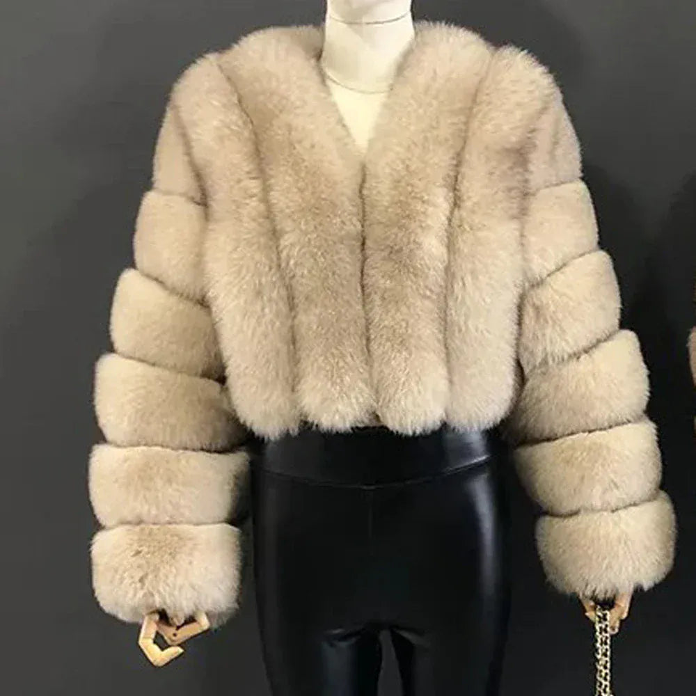 V-Neck Faux Fox Fur Coat - Long Sleeve Winter Jacket | Wahooly V-Neck Faux Fox Fur Coat - Long Sleeve Winter Jacket for Women