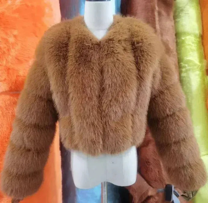 V-Neck Faux Fox Fur Coat - Long Sleeve Winter Jacket | Wahooly V-Neck Faux Fox Fur Coat - Long Sleeve Winter Jacket for Women