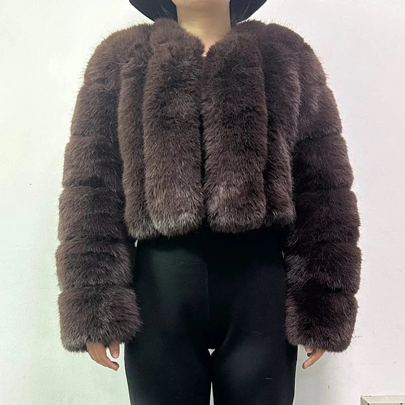 V-Neck Faux Fox Fur Coat - Long Sleeve Winter Jacket | Wahooly V-Neck Faux Fox Fur Coat - Long Sleeve Winter Jacket for Women