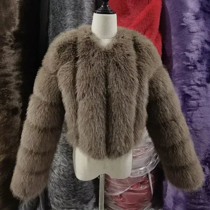 V-Neck Faux Fox Fur Coat - Long Sleeve Winter Jacket | Wahooly V-Neck Faux Fox Fur Coat - Long Sleeve Winter Jacket for Women