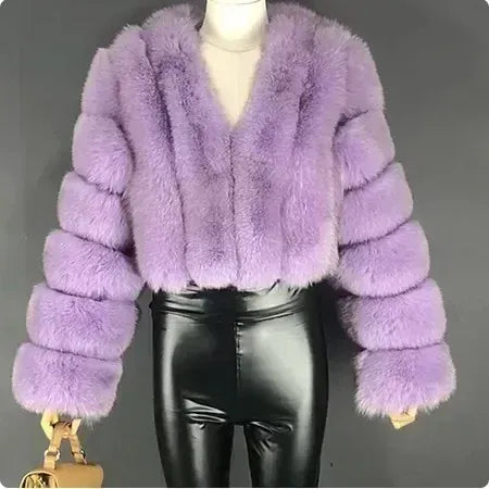 V-Neck Faux Fox Fur Coat - Long Sleeve Winter Jacket | Wahooly V-Neck Faux Fox Fur Coat - Long Sleeve Winter Jacket for Women