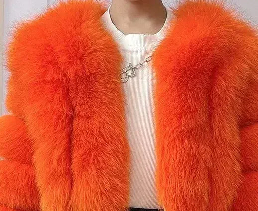 V-Neck Faux Fox Fur Coat - Long Sleeve Winter Jacket | Wahooly V-Neck Faux Fox Fur Coat - Long Sleeve Winter Jacket for Women