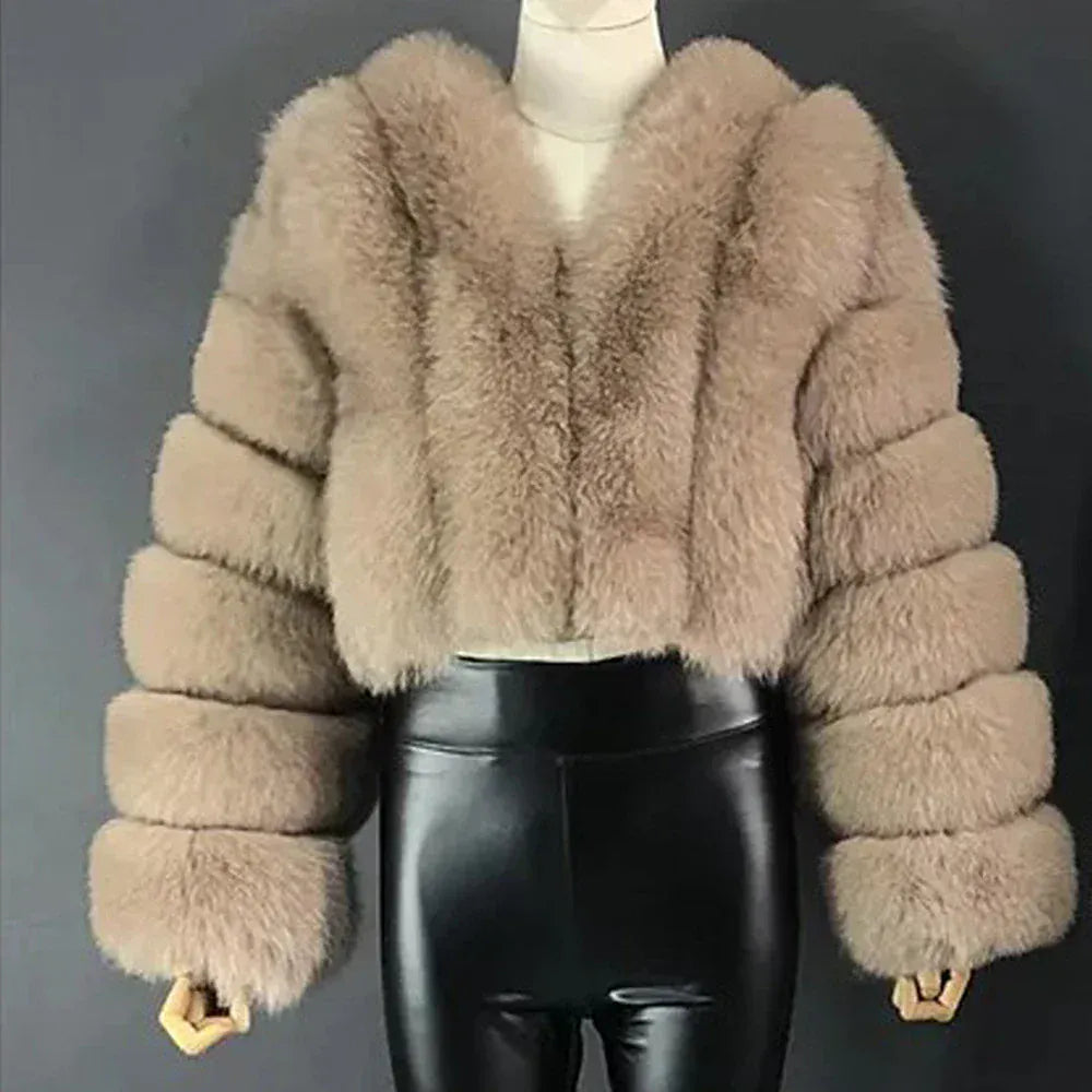 V-Neck Faux Fox Fur Coat - Long Sleeve Winter Jacket | Wahooly V-Neck Faux Fox Fur Coat - Long Sleeve Winter Jacket for Women
