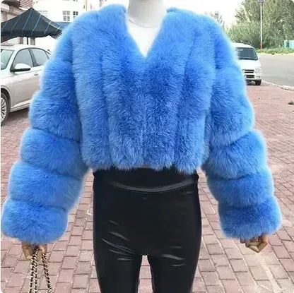 V-Neck Faux Fox Fur Coat - Long Sleeve Winter Jacket | Wahooly V-Neck Faux Fox Fur Coat - Long Sleeve Winter Jacket for Women