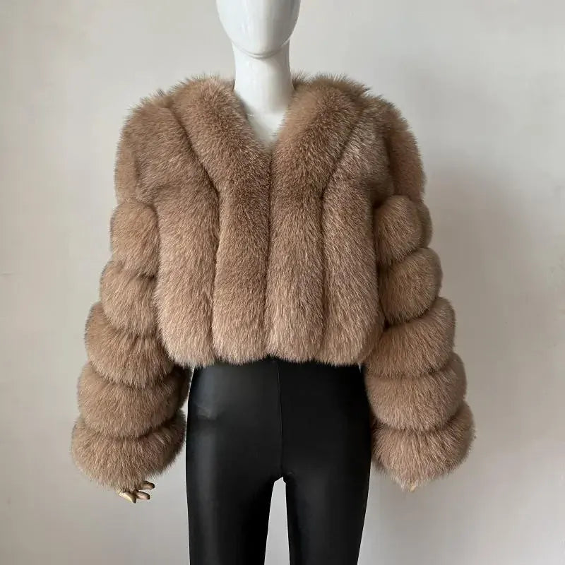 V-Neck Faux Fox Fur Coat - Long Sleeve Winter Jacket | Wahooly V-Neck Faux Fox Fur Coat - Long Sleeve Winter Jacket for Women