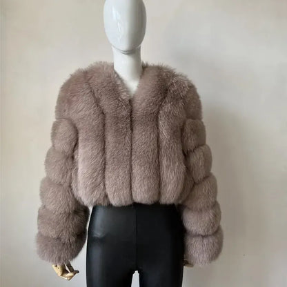 V-Neck Faux Fox Fur Coat - Long Sleeve Winter Jacket | Wahooly V-Neck Faux Fox Fur Coat - Long Sleeve Winter Jacket for Women