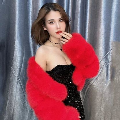 V-Neck Faux Fox Fur Coat - Long Sleeve Winter Jacket | Wahooly V-Neck Faux Fox Fur Coat - Long Sleeve Winter Jacket for Women