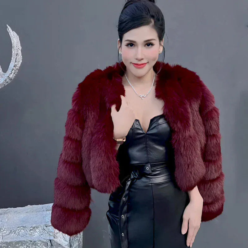 V-Neck Faux Fox Fur Coat - Long Sleeve Winter Jacket | Wahooly V-Neck Faux Fox Fur Coat - Long Sleeve Winter Jacket for Women