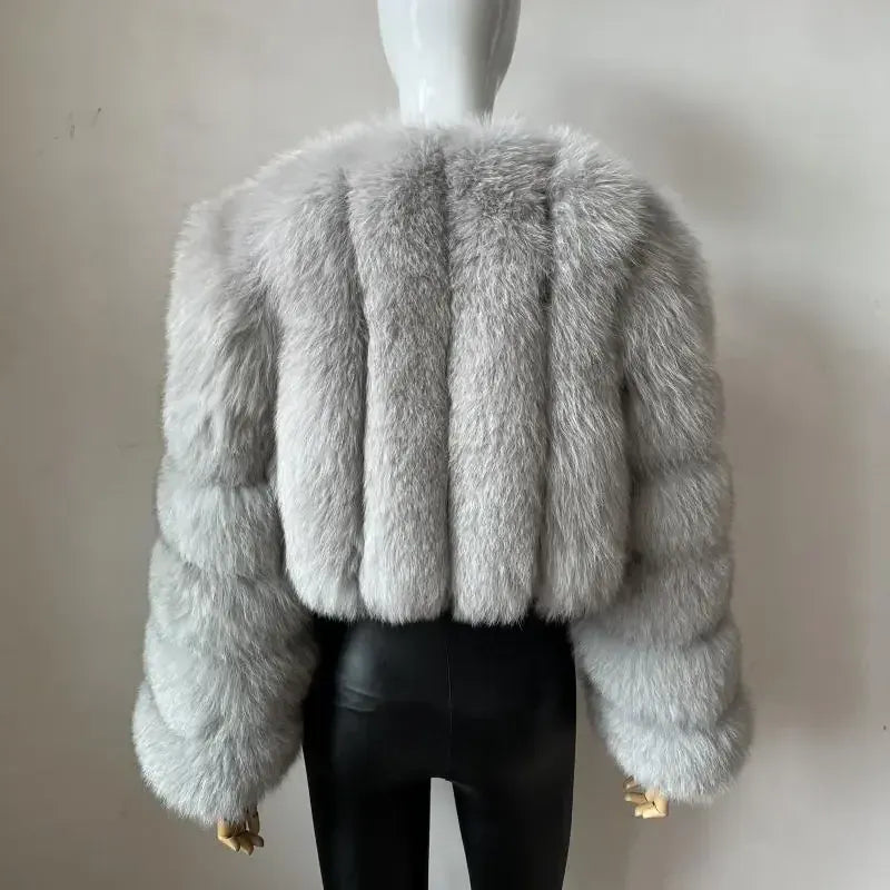 V-Neck Faux Fox Fur Coat - Long Sleeve Winter Jacket | Wahooly V-Neck Faux Fox Fur Coat - Long Sleeve Winter Jacket for Women