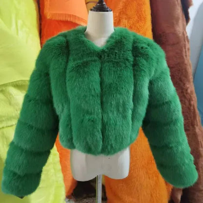 V-Neck Faux Fox Fur Coat - Long Sleeve Winter Jacket | Wahooly V-Neck Faux Fox Fur Coat - Long Sleeve Winter Jacket for Women